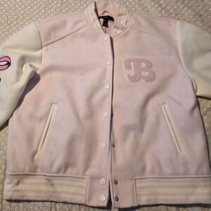 Forever 21 Varsity Jacket Womens Large Pink Good Bunny Bow Embroidered